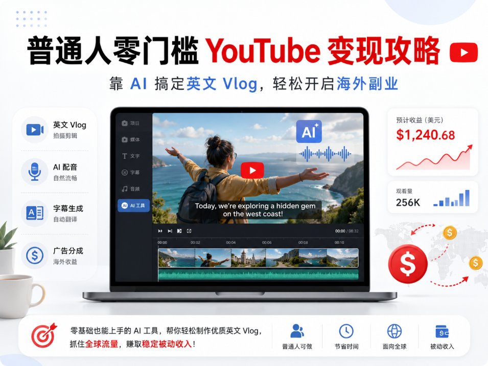 普通人零门槛 YouTube 变现攻略:用 AI 做英文 Vlog,开启海外副业