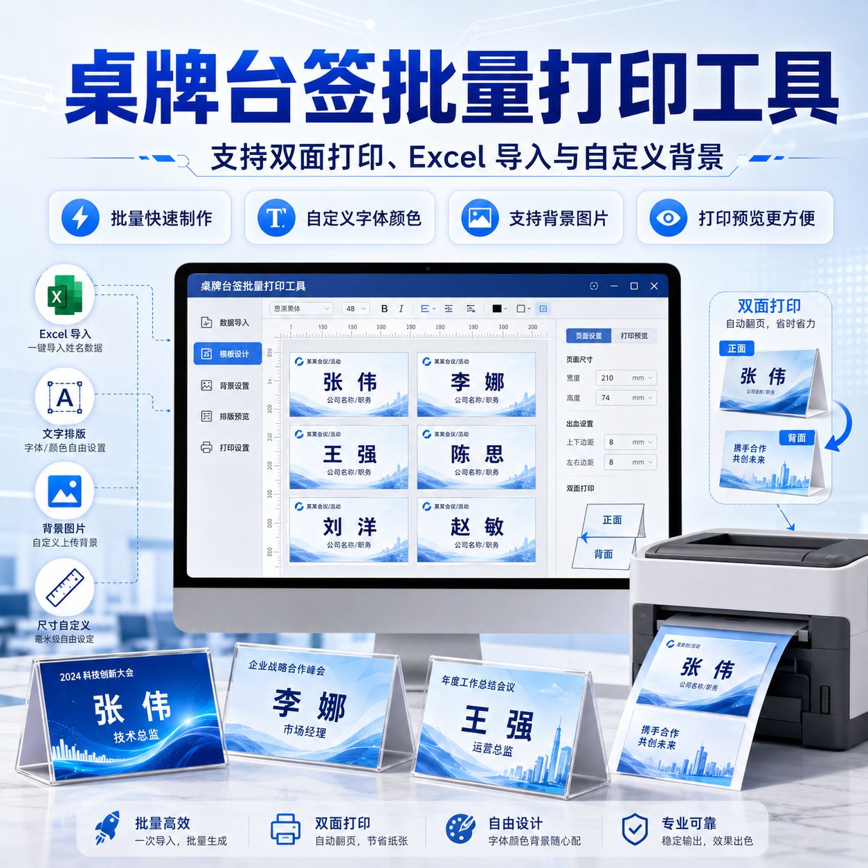 桌牌台签批量打印工具:支持双面打印、Excel 导入与自定义背景
