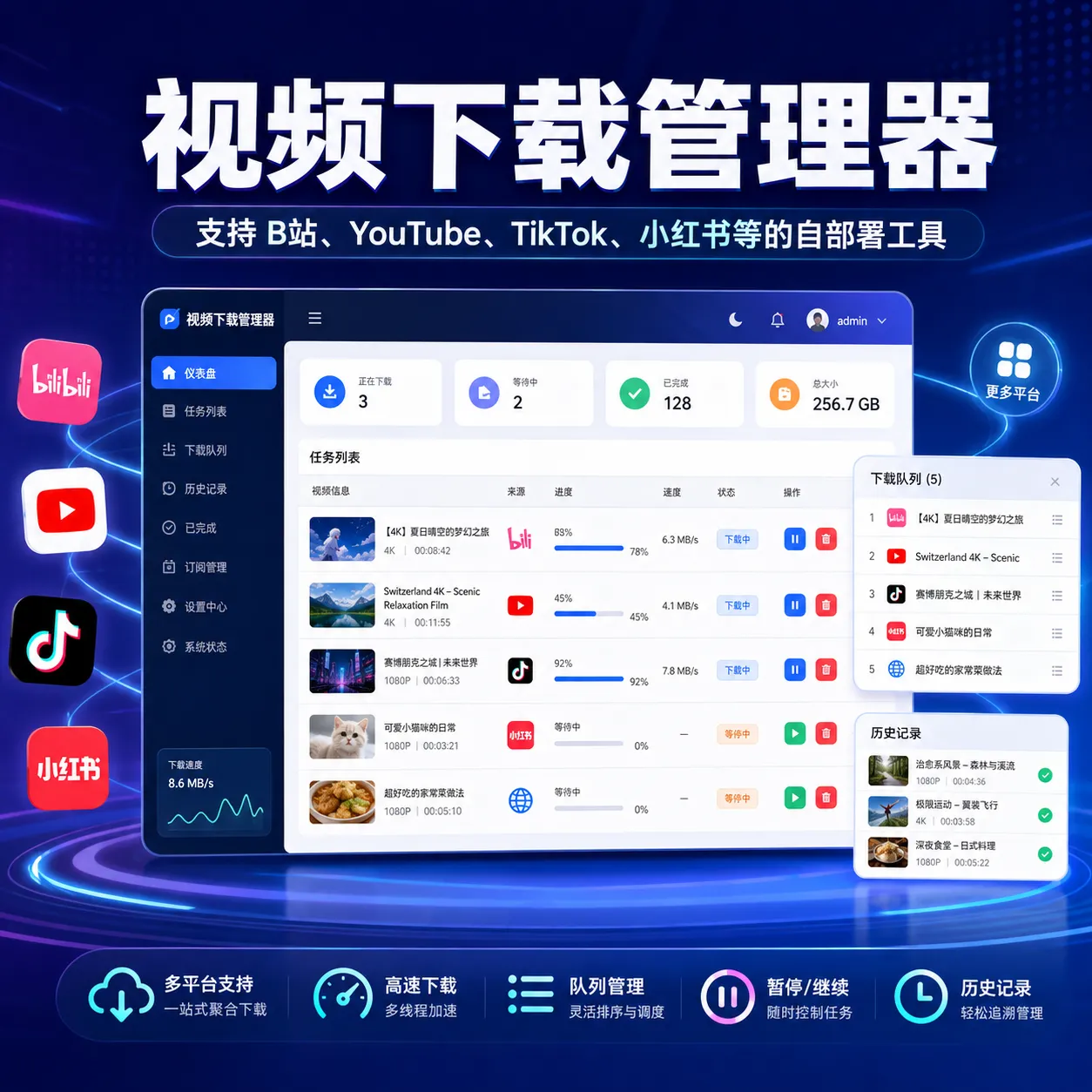视频下载管理器:支持 B站、YouTube 与 TikTok、小红书等 的自部署工具